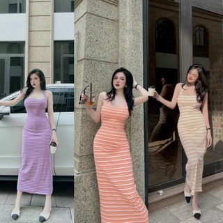 Đầm body hai dây dáng dài sọc ngang chất thun gân