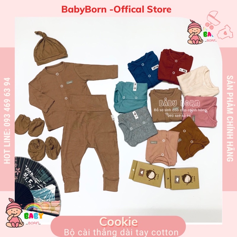 Bộ sơ sinh Cookie dài tay cài thẳng quần cạp bo cotton tăm mềm, mát cho bé