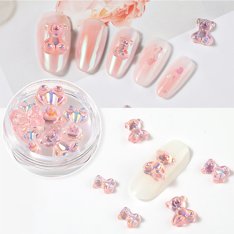 Bộ 6 Phụ Kiện Trang Trí Móng Tay Hình Gấu 3D Dễ Thương 3 Kích Cỡ DIY