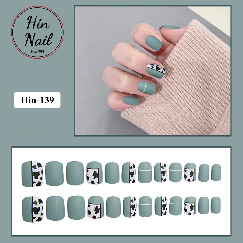 nailbox 24 móng giả kèm keo sơn lì màu xanh Hin Nail