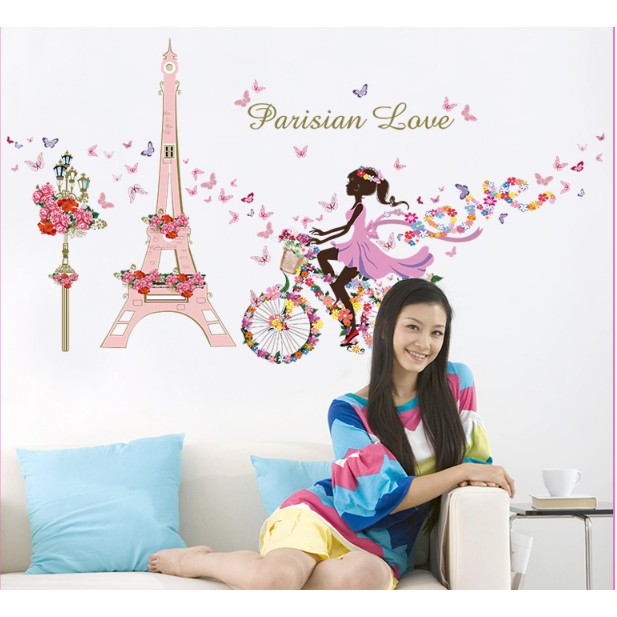 Decal trang trí Tháp Pasis Hồng Cô Gái Xe Đạp hoa