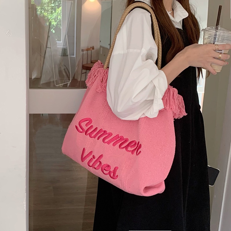 Túi Tote Đeo Vai Chất Liệu Vải Bố Thêu Chữ 2022 Phối Tua Rua Thời Trang Mùa Hè Cho Nữ