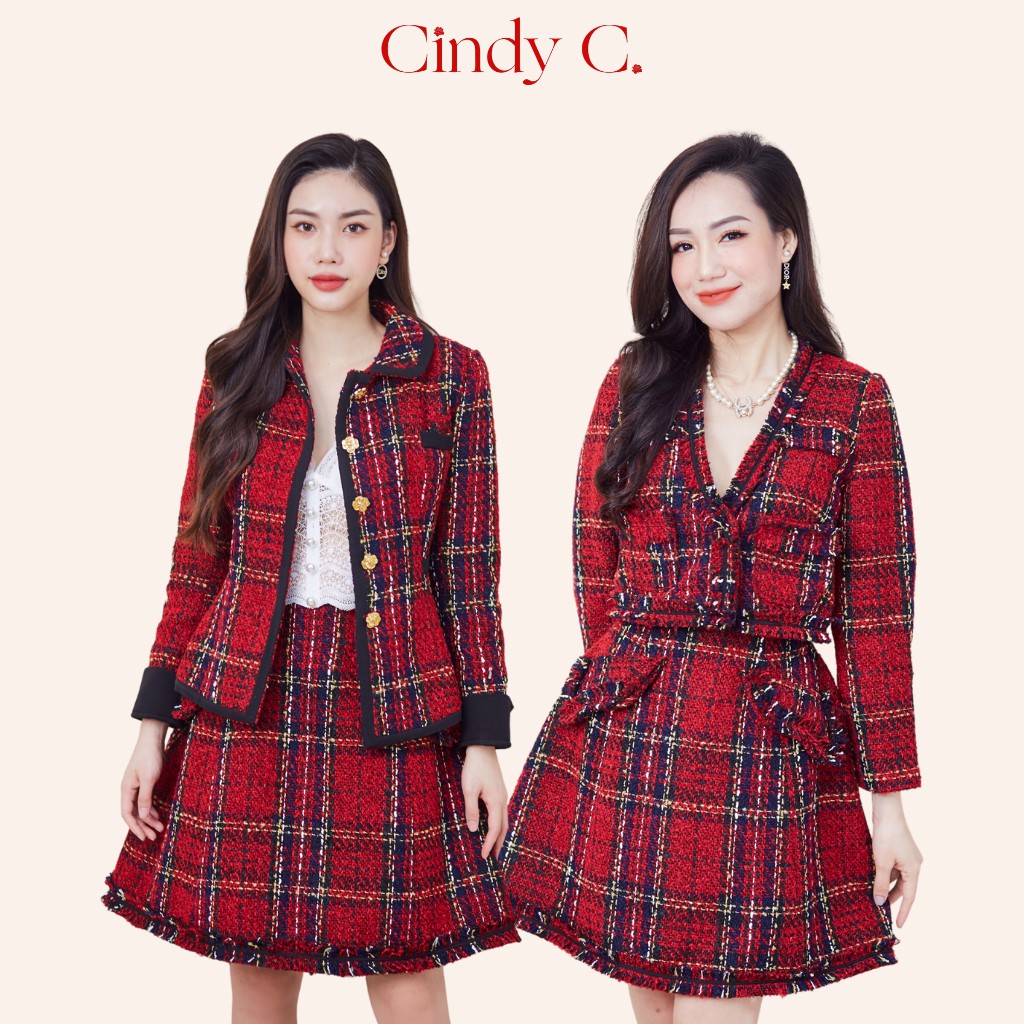 Áo khoác Chân váy CINDY C chất dạ Tweed cao cấp màu đỏ và hồng, thiết kế sang trọng, nữ tính 724 / 725 / 806