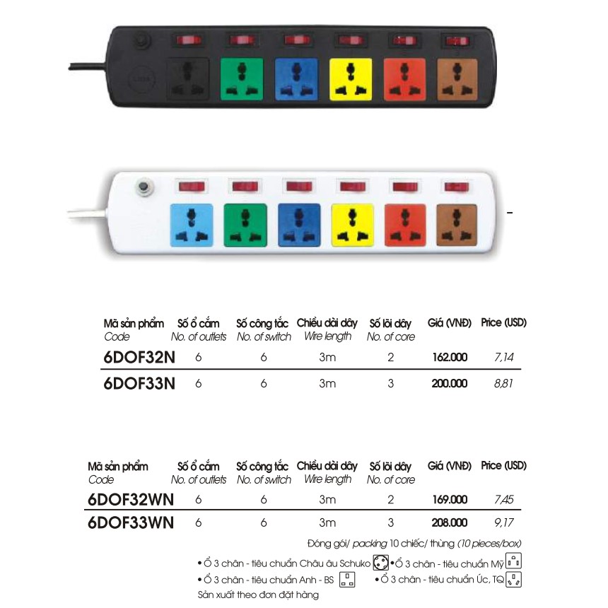 Ổ cắm điện 6 lỗ 6 công tắc LIOA, ~2000W, dây dài 3m, mã:6DOF32N.