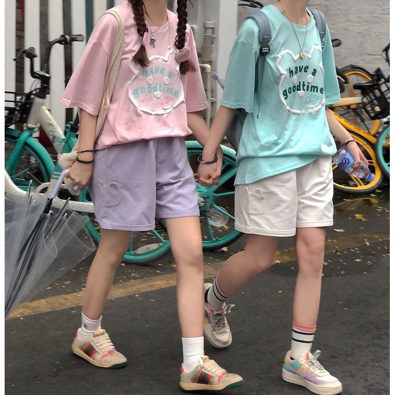 Quần Shorts Hình Gấu Đen Tím Trắng Hồng - Quần Ống Rộng Ngố Gập Gấu - Quần Đùi Nữ