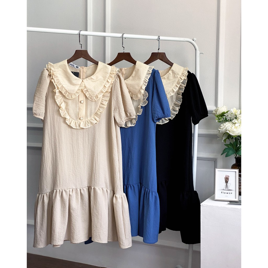 Váy suông cổ sen phối bèo, đầm xuông rộng đuôi cá, tay bo phồng 3 màu mã V162 - Michi's House | BigBuy360 - bigbuy360.vn