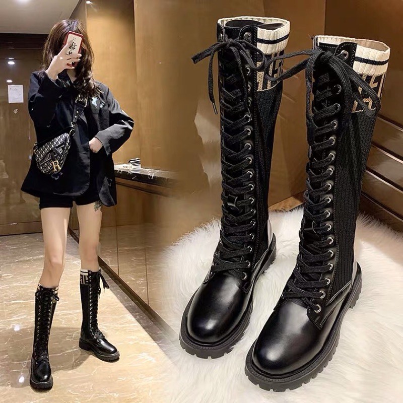 Boots len Fendi cổ cao đan dây đế cao 4cm | BigBuy360 - bigbuy360.vn