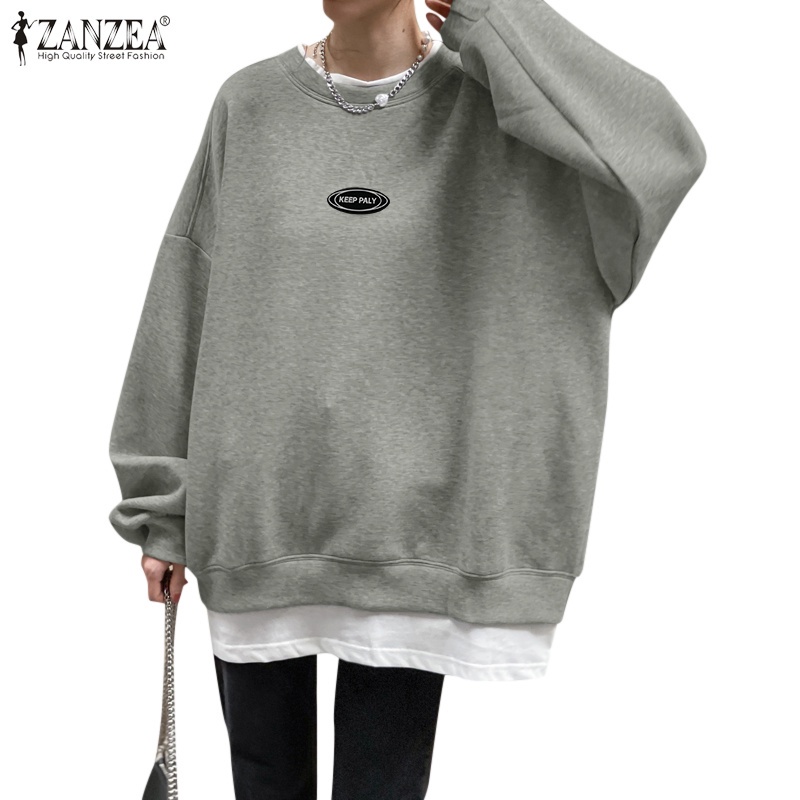 Áo sweater ZANZEA màu trơn dáng rộng cổ chữ O phong cách giản dị thời trang đường phố cho nữ