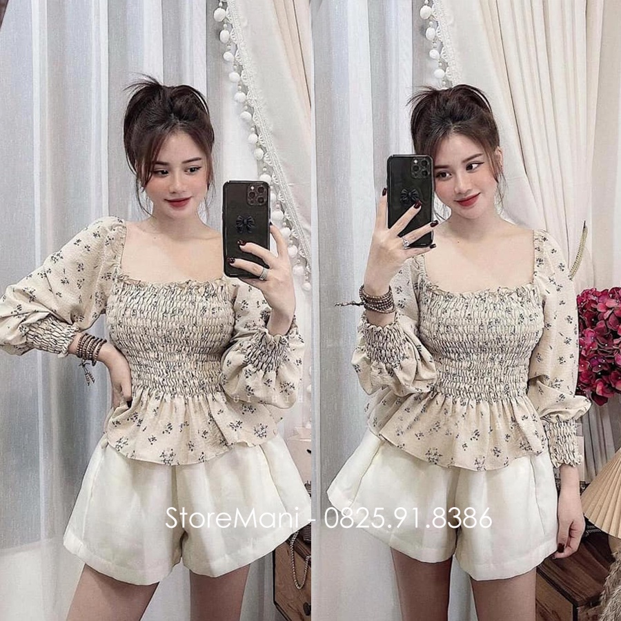 Áo kiểu nữ cổ vuông nhún ngực dài tay bo chun kiểu áo sơ mi nữ hàn quốc dài tay hoa nhí mặc đi học chơi làm công sở đẹp | BigBuy360 - bigbuy360.vn