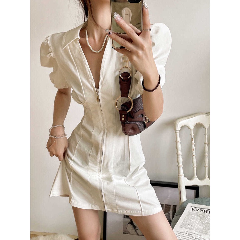 Đầm Tay Phồng Cổ Chữ V Khoét Sâu Dáng Chữ A Xếp Ly Thời Trang Mùa Hè Cho Nữ