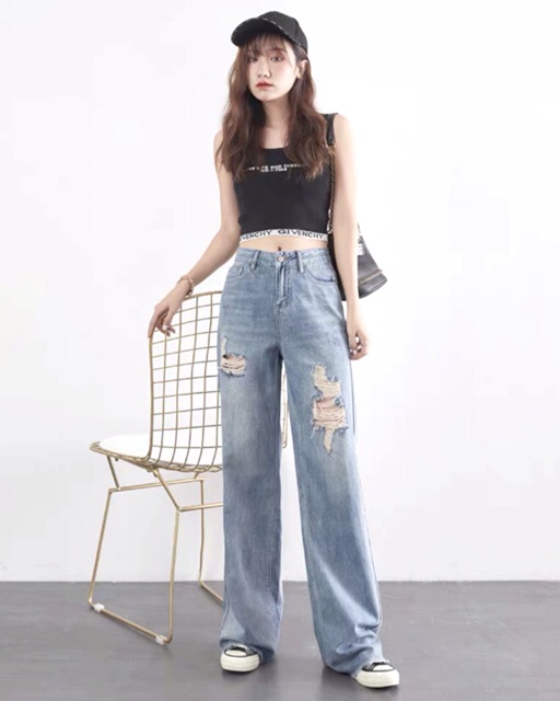 Quần Ống Suông Dài 105cm BigSize / Quần Dài Ống Rộng Jeans Phom To Không Giãn CẮT LAI TUA