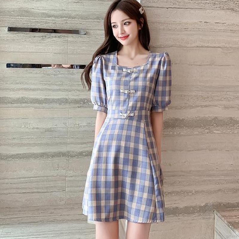 Đầm Chữ A Tay Ngắn Phồng Cổ Vuông Họa Tiết Sọc Caro Phong Cách Retro Pháp Cho Nữ