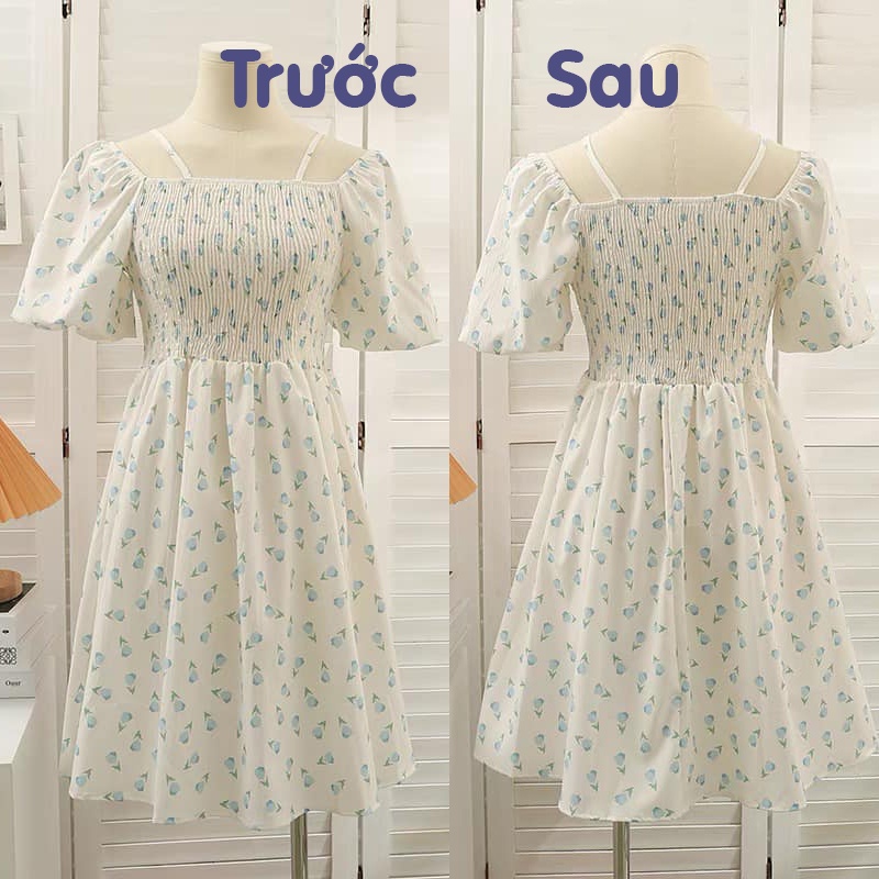 Váy hoa nhí trễ vai 2 dây body chữ A ulzzang , Đầm dự tiệc vintage du lịch biển mùa hè đu ido BlackPink