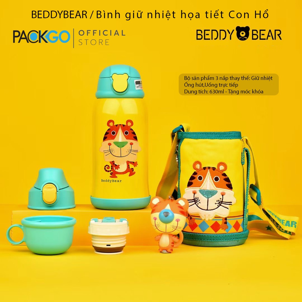 Bình giữ nhiệt cho Bé Trai hoặc Gái Chính hãng 100% Beddy Bear Tiger - Con Hỗ - 3 nắp thay thế - tặng móc khóa