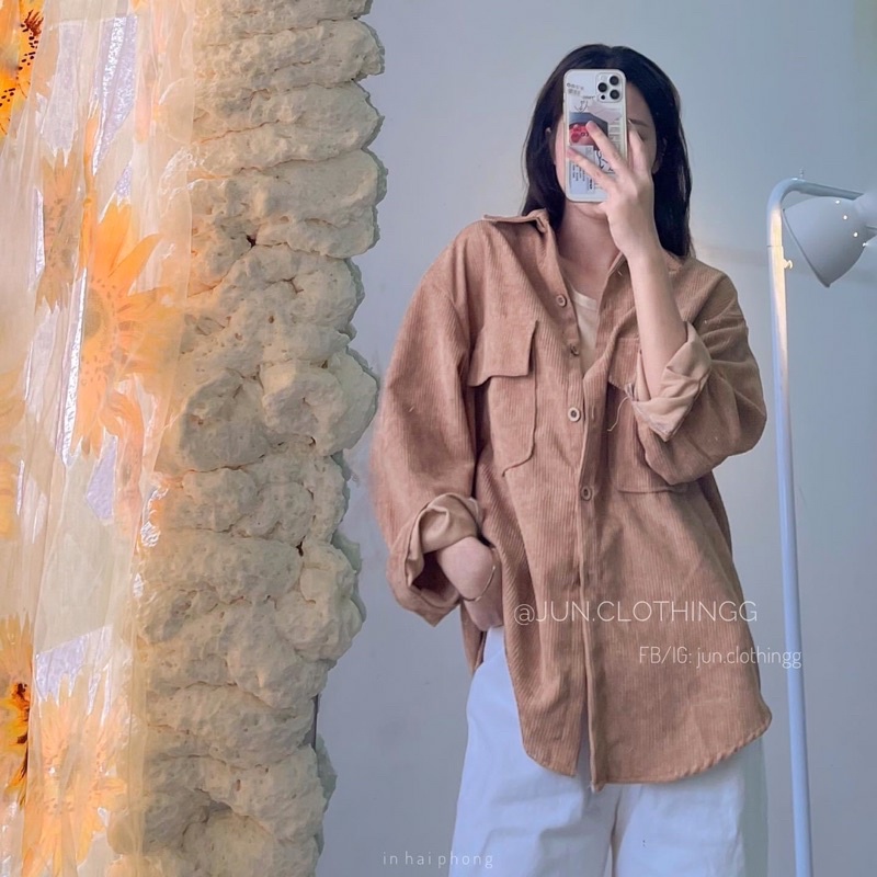 Áo khoác nhẹ dáng sơmi nhung gân gài nút unisex ulzzang nam nữ