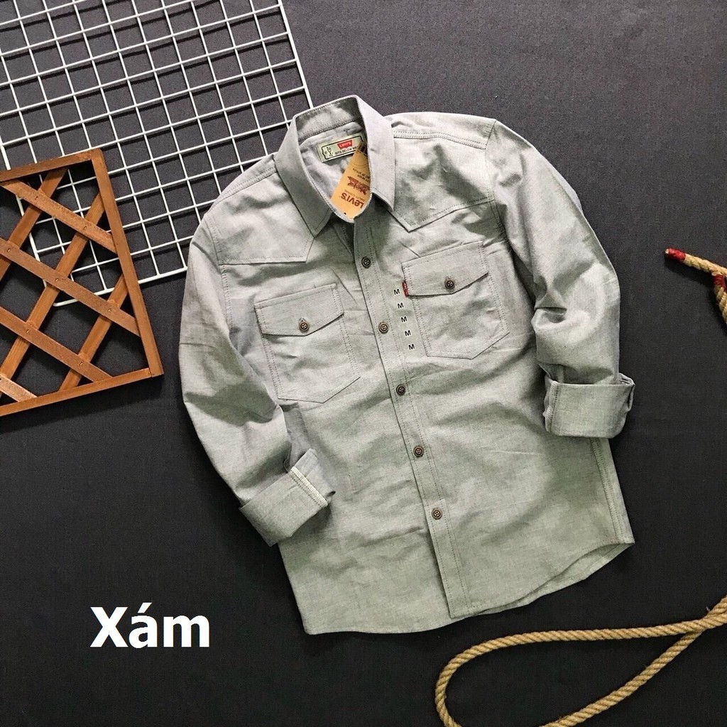 Áo sơ mi nam denim dài tay thời trang 2018 phối túi cực đẹp ASMDBP018