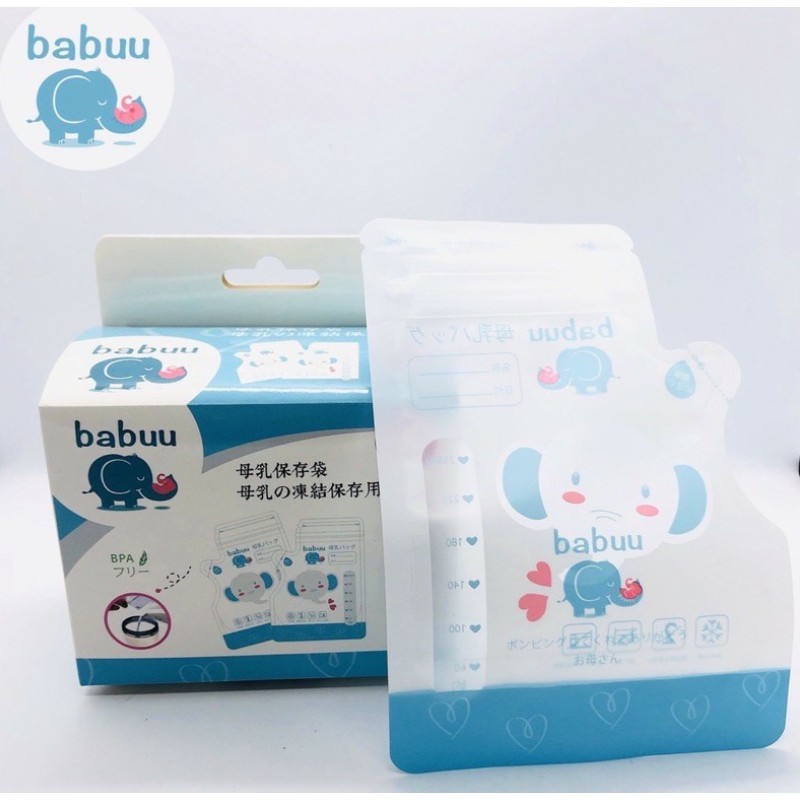 Hộp 50 túi trữ sữa có vòi 250ml Babuu Nhật Bản hình Voi có vòi rót tiện lợi