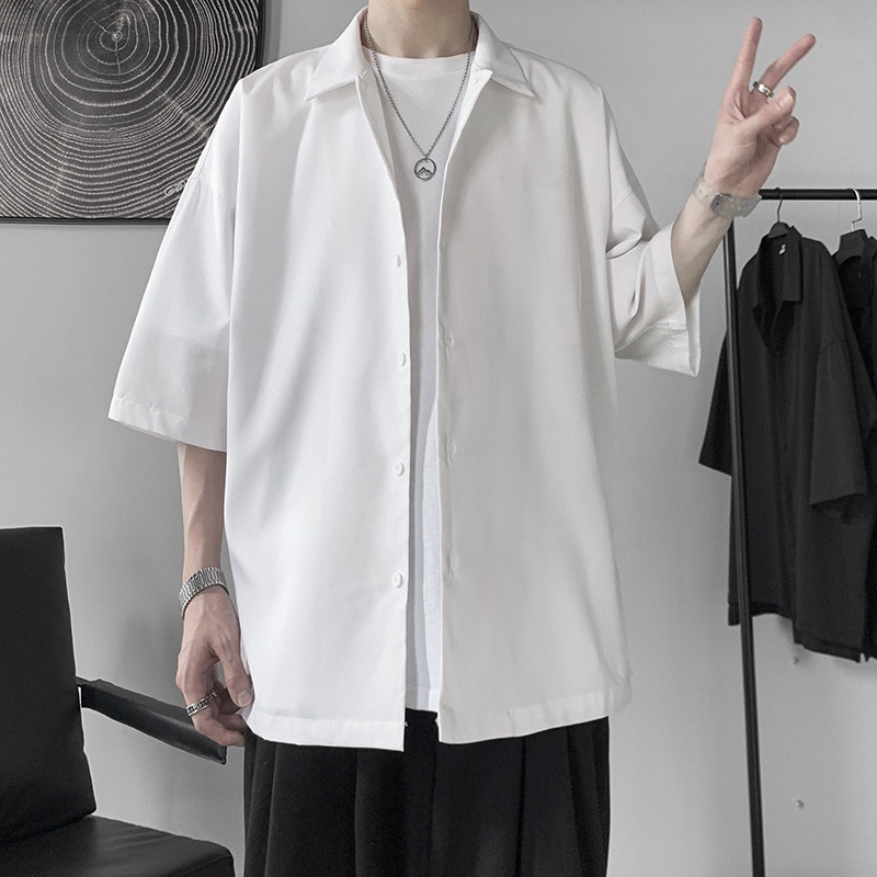 Áo Sơ Mi Tay Ngắn Dáng Rộng Màu Trơn Cổ Bẻ Phong Cách Harajuku Thời Trang Cho Nam Faruiline FARU019