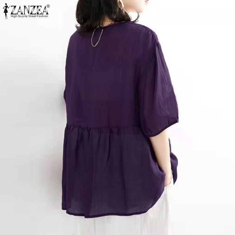 Áo kiểu ZANZEA cổ tròn tay lỡ dáng rộng cài nút phong cách retro thời trang cho nữ