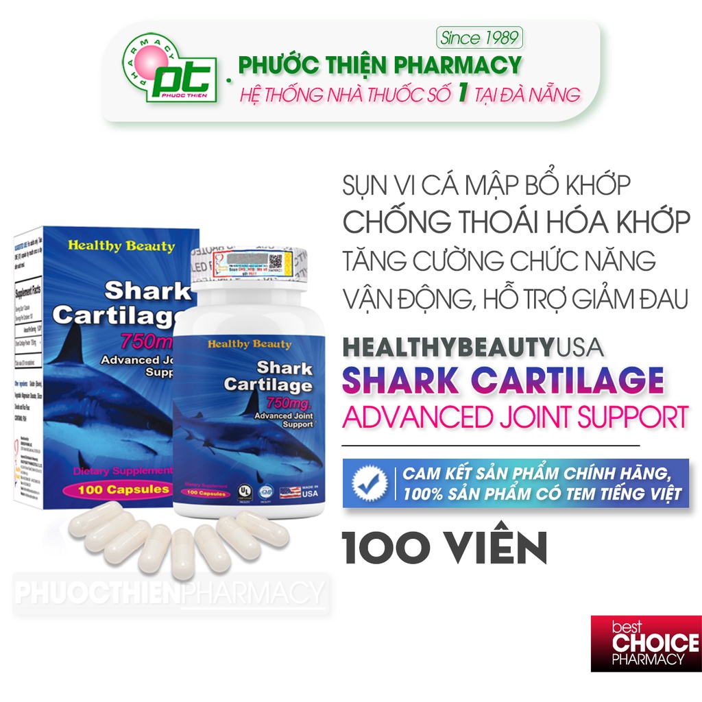Viên uống sụn vi cá mập bổ khớp hỗ trợ xương khớp HB Shark Cartilage 750mg Healthy Beauty 100 Viên