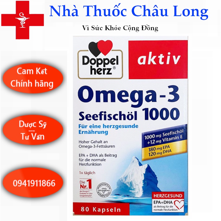 Bổ sung Omega 3 DHA EPA - Aktiv Omega 1000mg - DoppelHerz hộp 80 viên - Bổ Mắt Omega dầu cá Đức