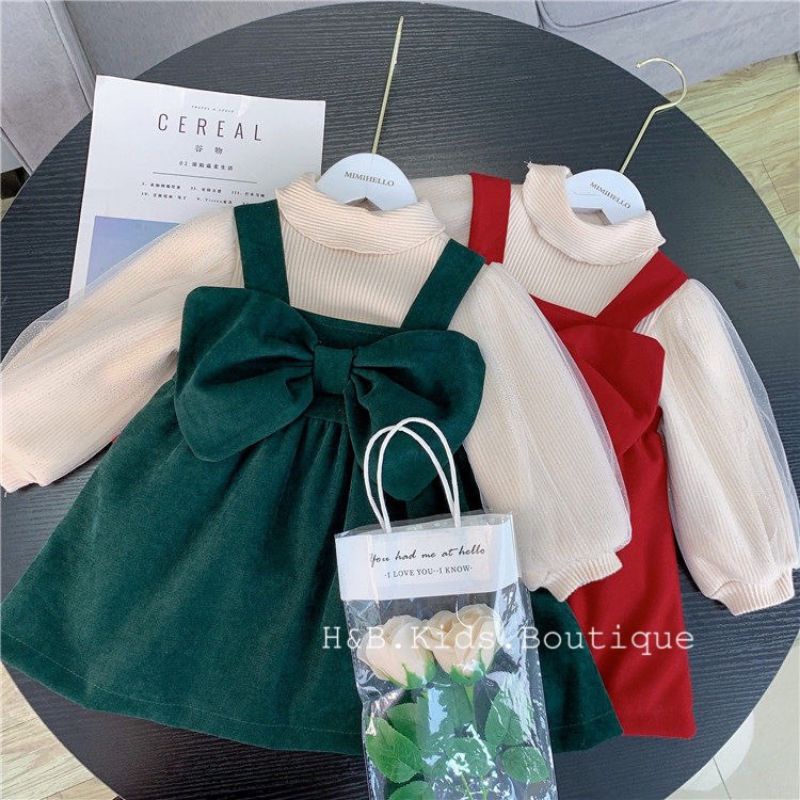 Set váy nhung đỏ kèm áo tay ren điệu đà mặc Tết cho bé gái, set yếm nhung đỏ kèm nơ to cho bé gái sinh nhật