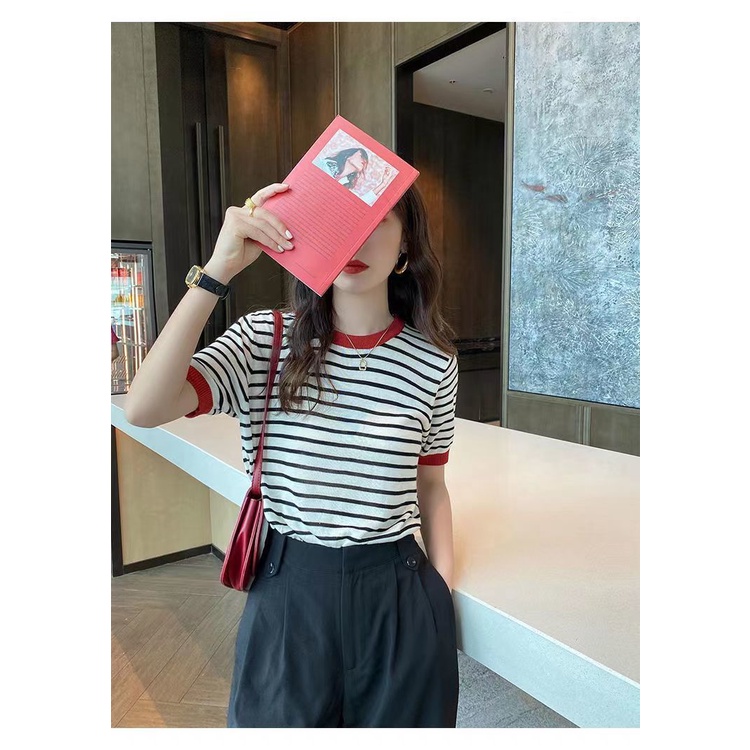 Áo Thun Dệt Kim Ngắn Tay Dáng Rộng Họa Tiết Kẻ Sọc Thời Trang Mùa Hè Mới Cho Nữ