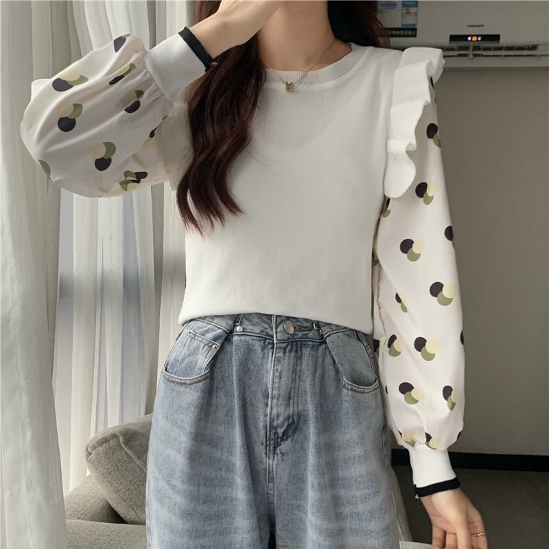 Áo dệt kim tay dài cổ tròn chui đầu viền xoăn dạng ghép nối họa tiết chấm bi thời trang mùa thu cá tính