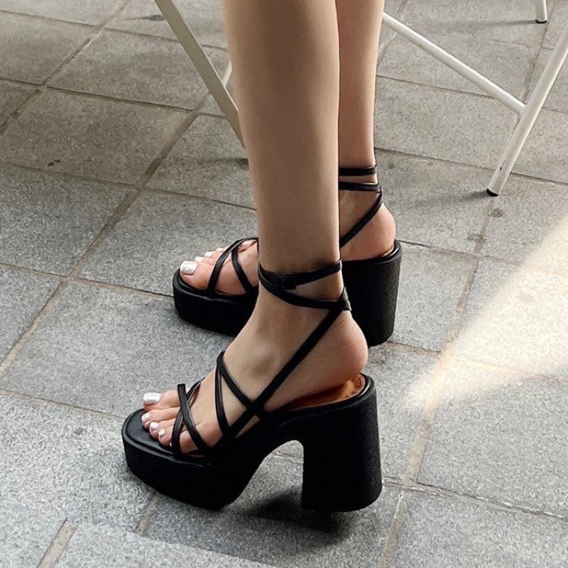Giày sandal cao gót đế dày quai chéo thời trang nữ hàn quốc 2022