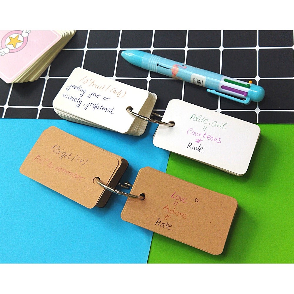 Flash Card Vintage Thẻ Học Từ Vựng Ngoại Ngữ Tiếng Anh Tiếng Hàn Gồm 100 Tờ Màu Nâu Kèm Khoen 4.5x8cm