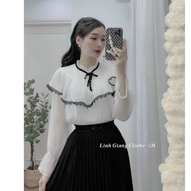 Áo sơ mi cổ bèo viền ren