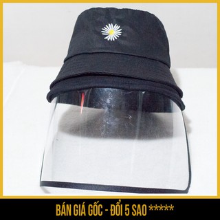 Mũ nón bucket có kính trong suốt chống dịch, chống khói bụi người lớn HOA cúc họa mi (màu đen trắng) tháo lắp dễ