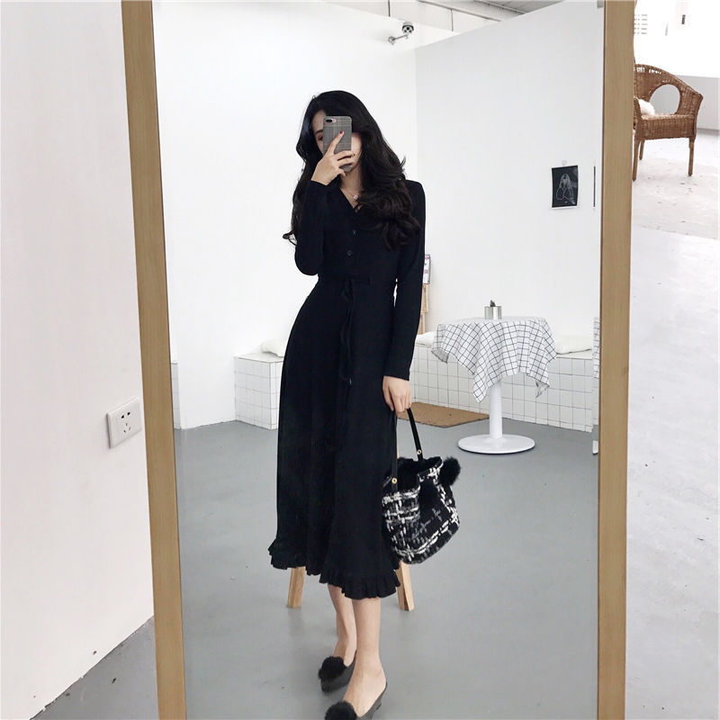 Đầm Nữ Tay Dài Cổ Chữ V Nhấn Eo Phong Cách Hàn Quốc