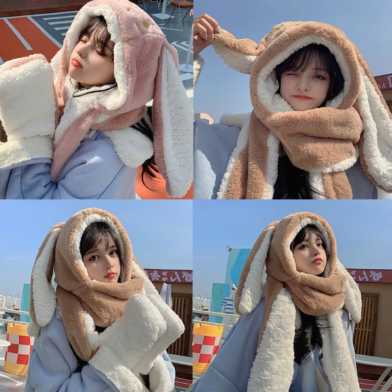 Mũ Trùm Đầu Kiêm Khăn Choàng Cổ Hình Thỏ Hoạt Hình Bằng Vải Lông Cho Tuổi Teen