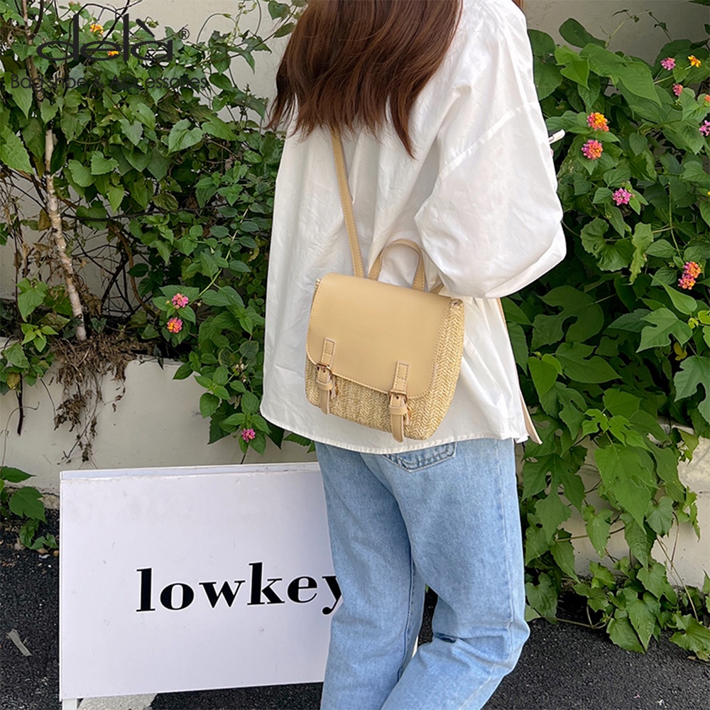 Dela Ba Lô Đeo Vai Cỡ Nhỏ Thiết Kế Đan Rơm Thời Trang Mùa Hè Phong Cách Hàn Quốc Cho Nữ