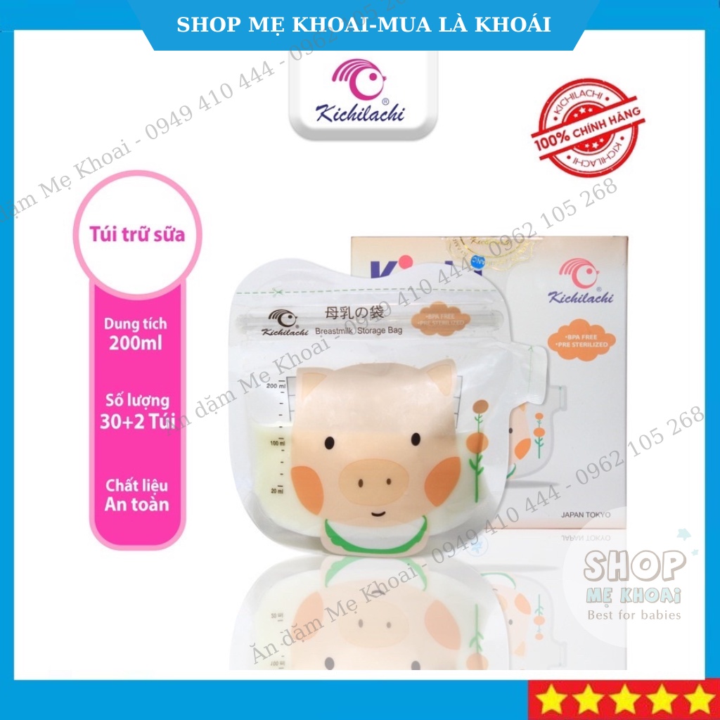 Túi Trữ Sữa Kichilachi 200ml- Cảm Biến Nhiệt Độ, Có Khóa Zip Chắc Chắn Chống Rò Rỉ-Shop Mẹ Khoai