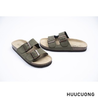 Dép unisex 2 Khóa HUUCUONG Quai Da Thật Màu Xanh Rêu Đế Trấu