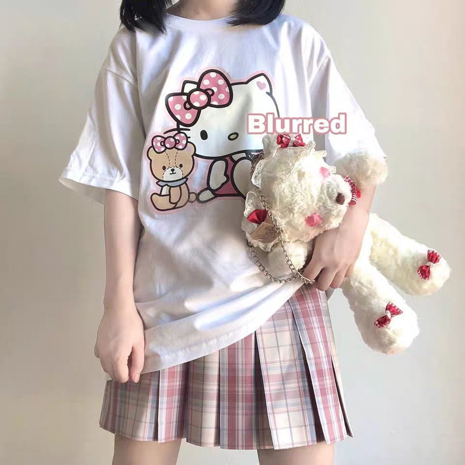 ✿Nhật Bản Ngọt Ngào✿Kuromi Tay Ngắn✿Áo Thun Tay Ngắn Dáng Rộng In Hình Hello Kitty Dễ Thương Phong Cách Nhật Bản Thời Trang Mùa Hè Cho Nữ