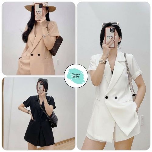 Bộ Vest Nữ & Quần Shorts Chun ⚡ Casper.Store | FREESHIP | ⚡ Set vest nữ cộc tay 2 khuy, 3 màu trơn basic