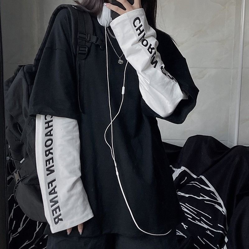 Áo thun giả hai mảnh tay dài phong cách Harajuku Hàn Quốc thời trang cá tính cho nữ