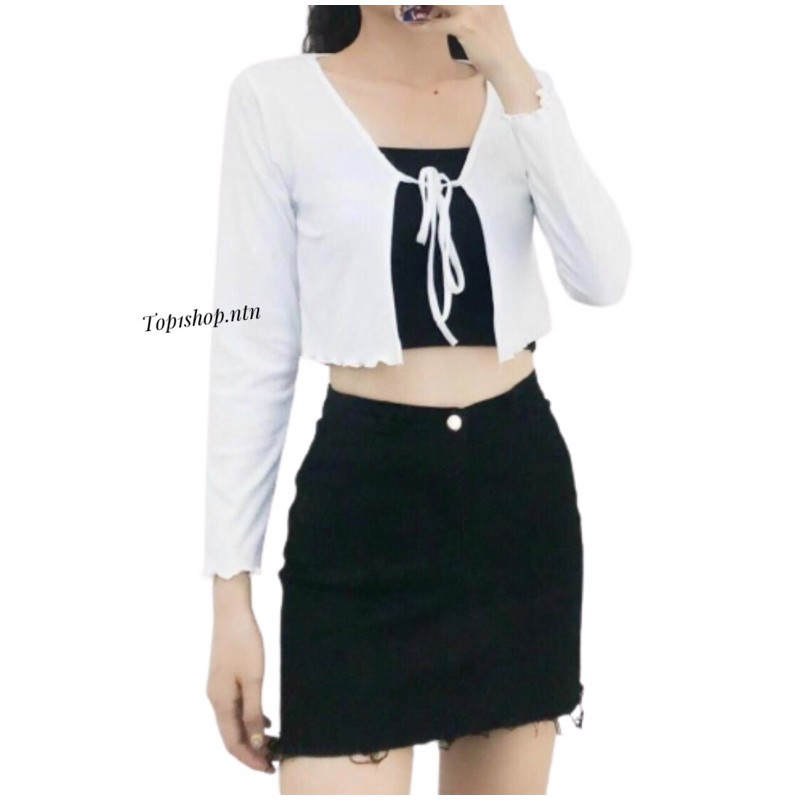 Áo khoác cột dây tay dài phối với áo ống (ap).