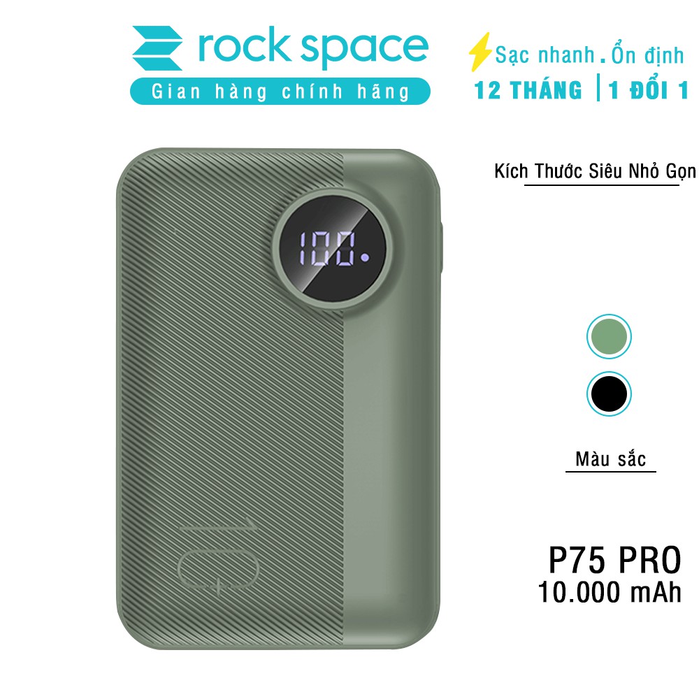 Pin sạc dự phòng mini chính hãng Rockspace P75 pro dung lượng thực 10000mAh sạc nhanh, không nóng cho iphone, Samsung