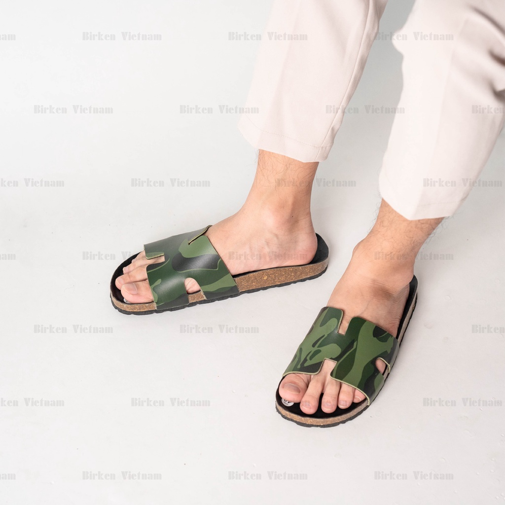 Mã R03 DÉP ĐẾ TRẤU Da PU Camo Rằn Ri Hai Quai Ngang Unisex Birken Vietnam Bioline