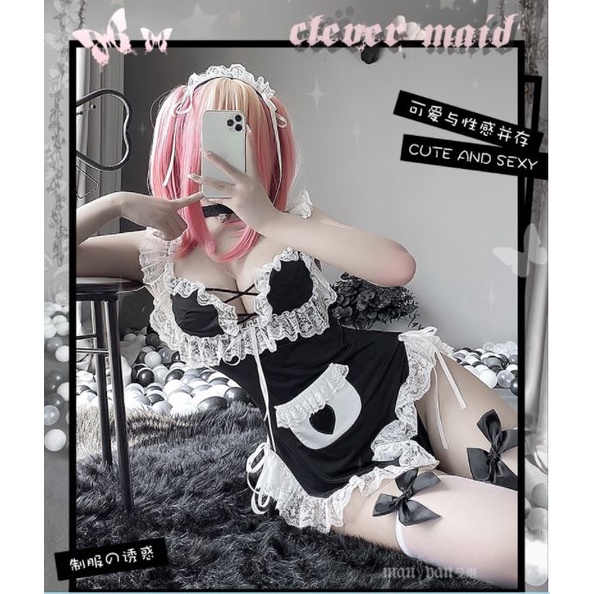 Cosplay người hầu gợi cảm mẫu mới phong cách Lolita màu đen trắng viền ren sexy