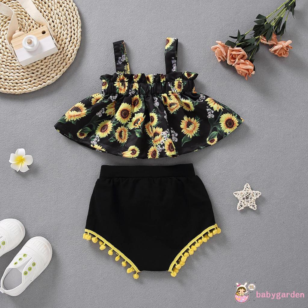 Set Đồ Mùa Hè 2 Món Gồm Áo Hai Dây In Hoa Hướng Dương + Chân Váy Yếm Đính Nơ Cho Bé Gái 0-12 Tháng Tuổi