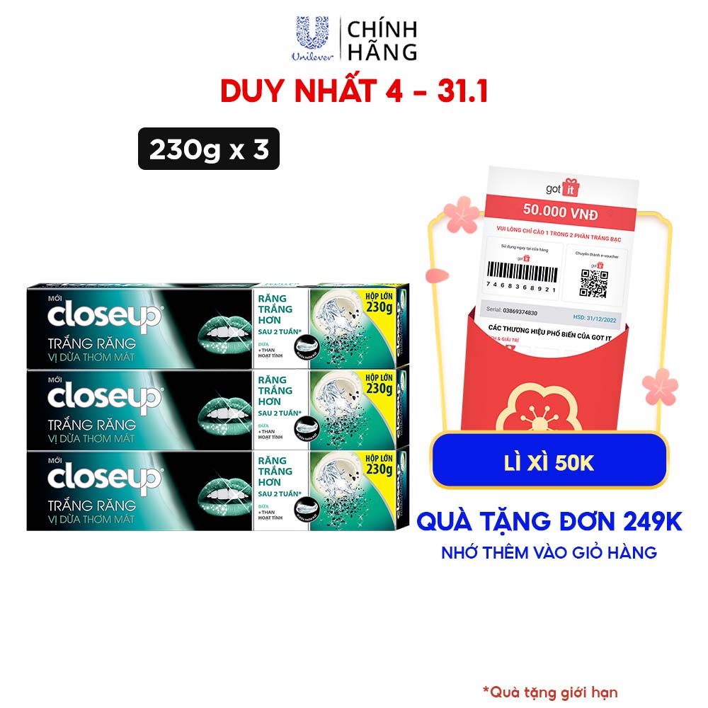 Combo 3 Kem Đánh Răng Closeup Giúp Làm Trắng Răng Tự Nhiên Sau 2 Tuần Với Chiết Xuất Dừa Và Than Hoạt Tính 230G/Tuýp