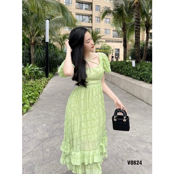 Đầm maxi xốp cổ vuông tay phồng chéo ngực hở lưng có mút ngực hàng hai lớp cao cấp