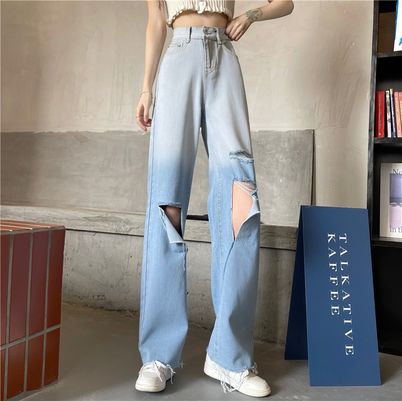 Quần Jeans Dài Phối Vết Rách Cá Tính Cho Nữ