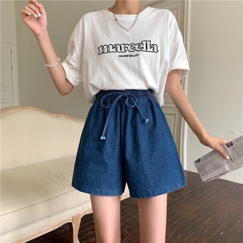 Quần short bò cạp chun dáng suông