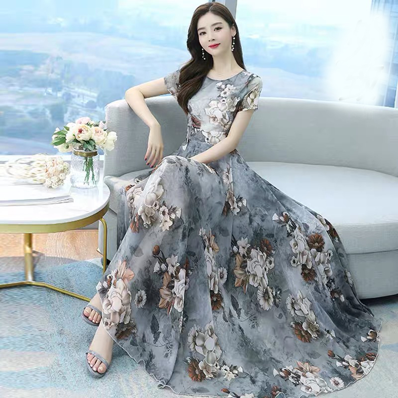 Đầm Dài Tay Ngắn In Họa Tiết Phong Cách Retro Thời Trang 2021 Cho Nữ